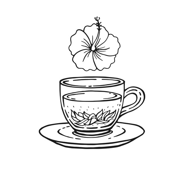 Taza de té de hibisco Ilustración vectorial dibujada a mano en estilo de contorno
