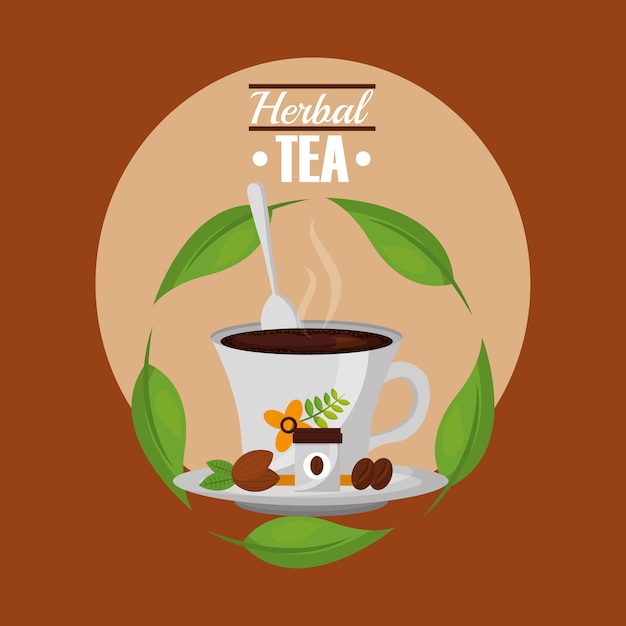 Vector taza de té de hierbas y cuchara con granos en plato hojas etiqueta