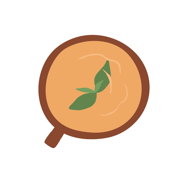 Taza de té de hierbas con hojas de menta. Vista superior de la taza con bebida fresca caliente. Bebida de la mañana. Ilustración de vector plano coloreado aislado sobre fondo blanco.