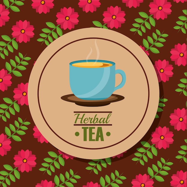 Vector taza de té de hierbas en plato y fondo de flores