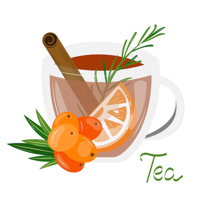 Taza de té con hippophae. Té con romero, canela y naranja. Cuidado de la salud. Bebida caliente.