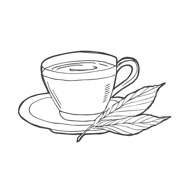 Taza de té con hoja de té dibujada a mano icono de dibujo de contorno dibujo vectorial de taza de té de bebida caliente