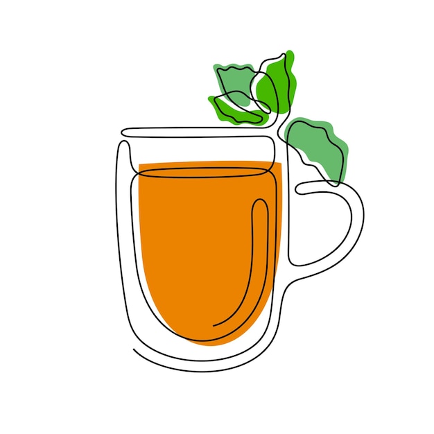Taza de té con hojas de menta ilustración vectorial colorida de línea continua