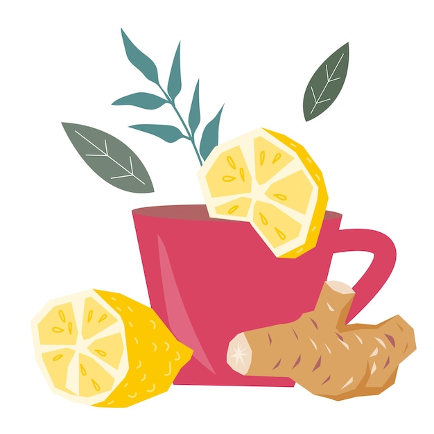 Vector taza de té con jengibre y limón ilustración vectorial dibujada a mano aislada