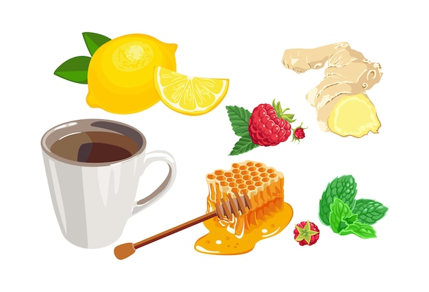 Taza de té con limón, jengibre, miel de frambuesa y menta