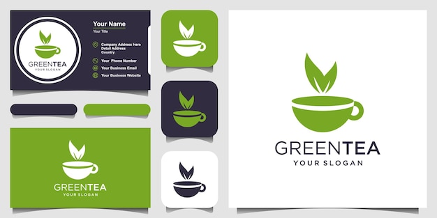Taza de té con logotipo de elemento de hoja y diseño de tarjeta de visita Diseño de vector de casa de té