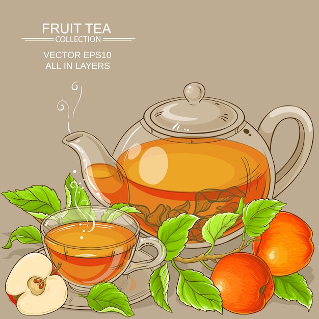 Vector taza de té de manzana y tetera