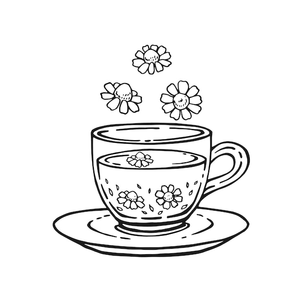 Taza de té de manzanilla Ilustración vectorial dibujada a mano en estilo contorno