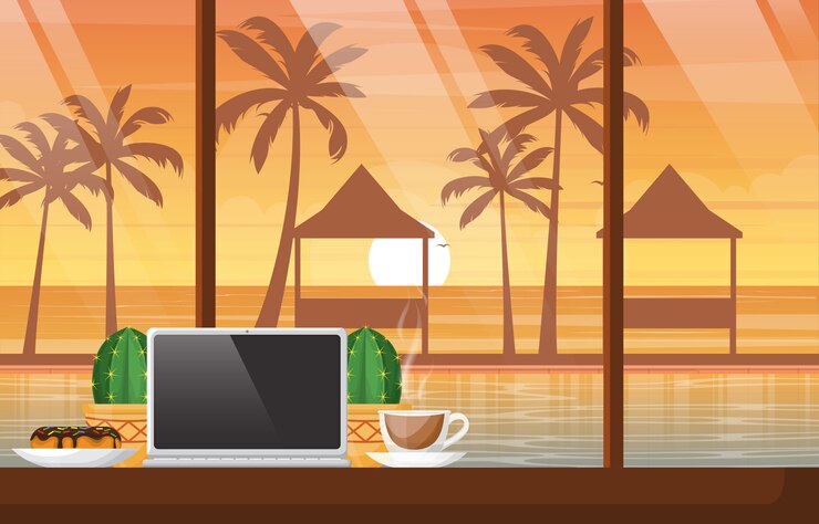 Vector una taza de té en la mesa con el portátil en bali beach cafe sunset ilustración