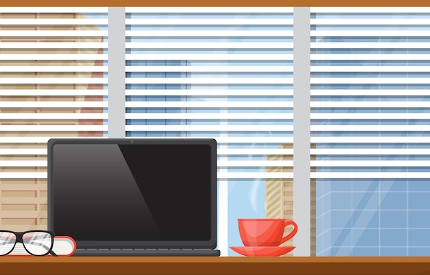 Una taza de té en la mesa de trabajo de oficina Mesa de trabajo portátil Ilustración