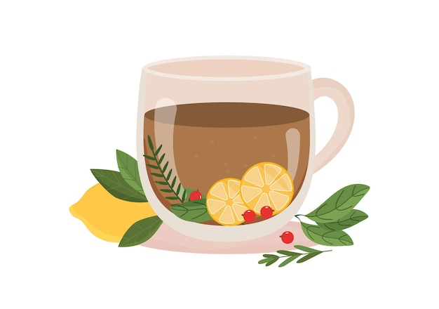 Vector taza de té negro decorado con hojas de bayas de limón té de hierbas bebida caliente de otoño en taza transparente