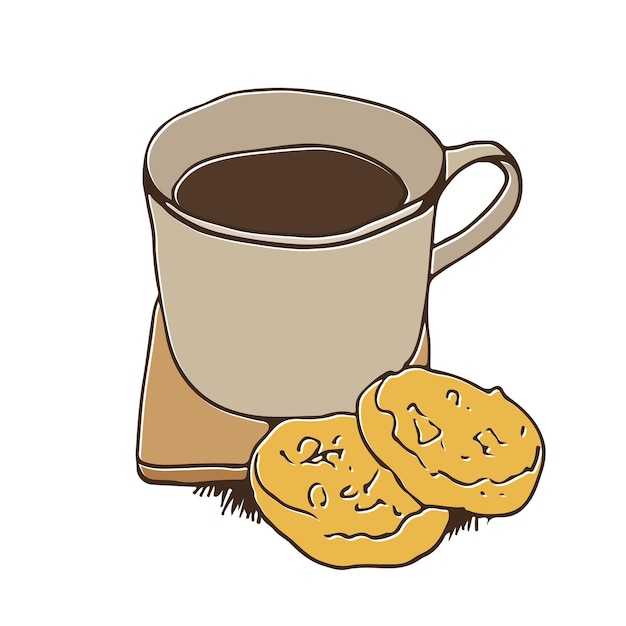 Vector una taza de té o café de pie sobre una mesa con galletas vector ilustración dibujada a mano