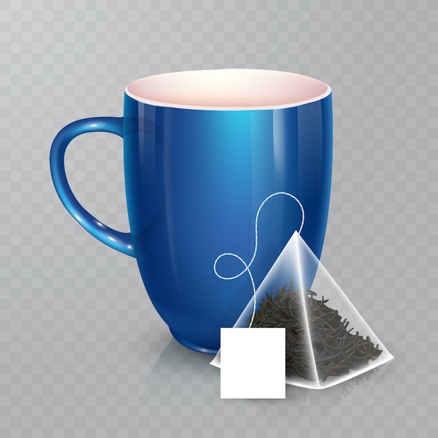 Taza para té o café. taza de cerámica sobre fondo transparente. bolsa de té piramidal realista con etiqueta.