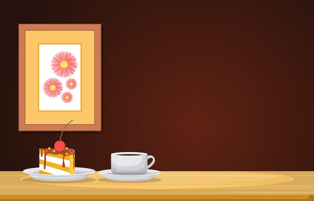 Vector una taza de té y un refrigerio en la mesa de madera en una habitación ilustración