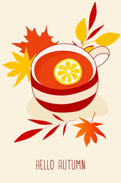 Una taza de té con una rodaja de limón en la ilustración de vector de fondo de otoño