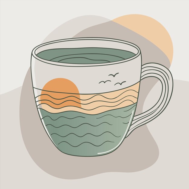 una taza de té con el sol en ella y el océano en el fondo