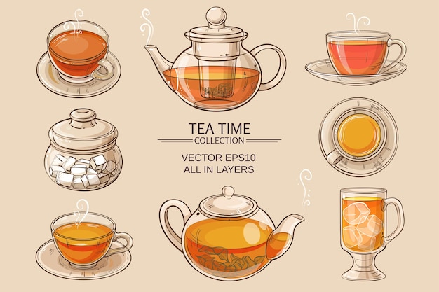 Taza de té, tetera y azucarero conjunto vectorial sobre fondo marrón