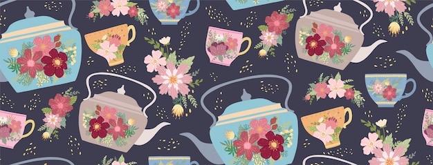 Taza de té y tetera hermosas con el modelo inconsútil de la flor y de las hojas.