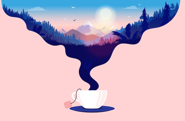 Vector taza de té con vapor caliente formando un hermoso paisaje con amanecer