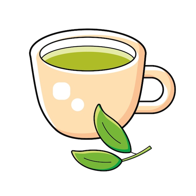 Taza de té verde y hojas de té