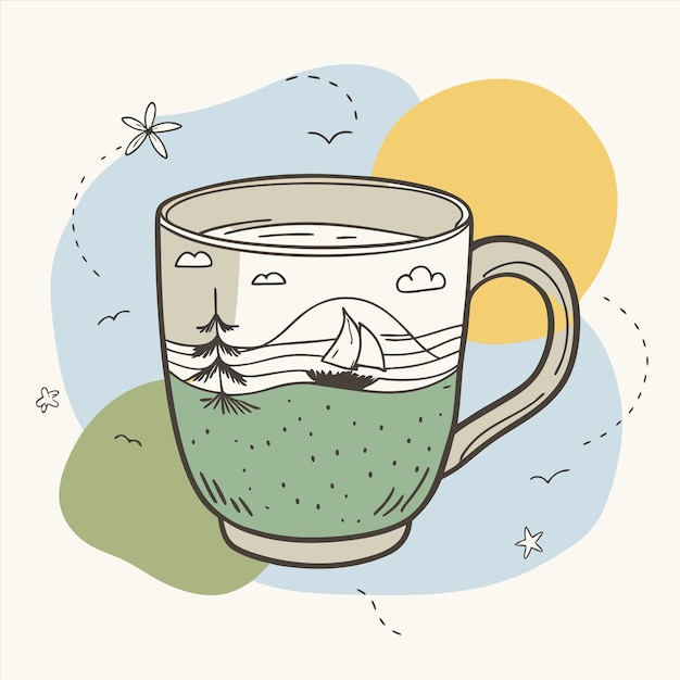 una taza de té verde con una imagen de un barco y nubes en él