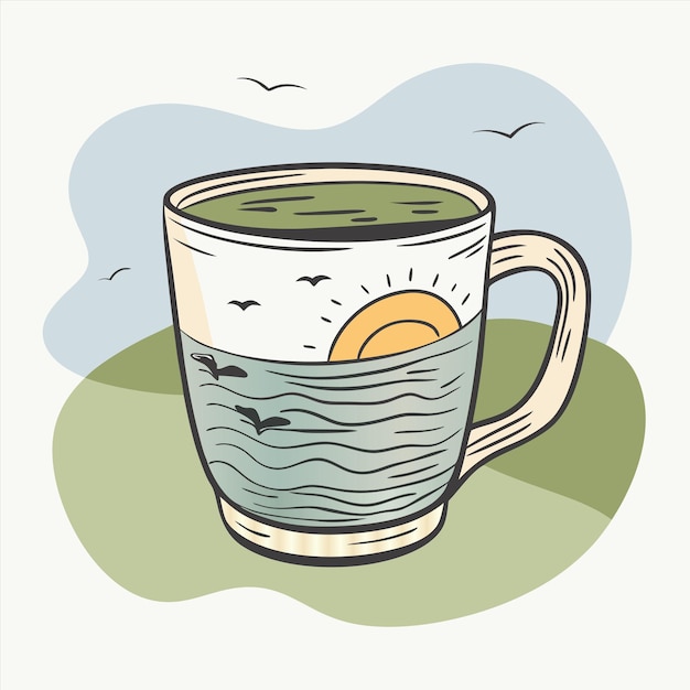 una taza de té verde con un pedazo de pan en ella