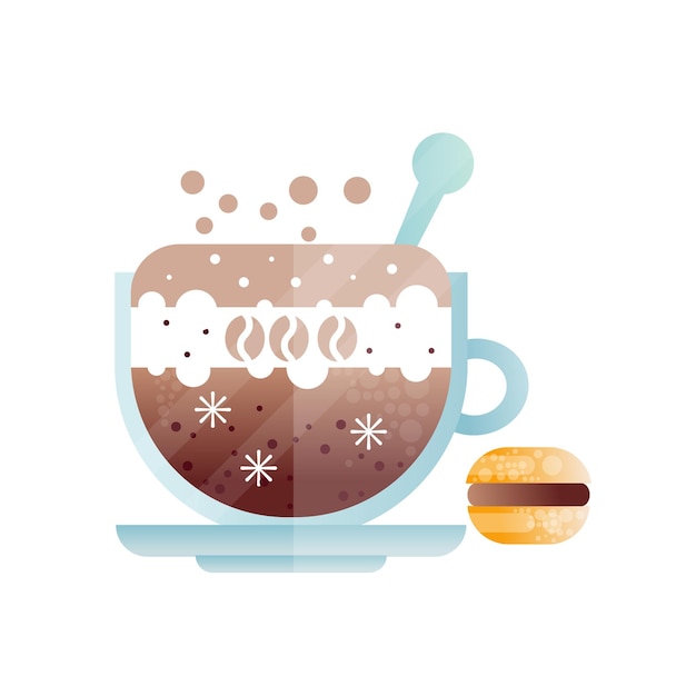 Vector taza transparente de americano fresco. taza de café frío y macarrones. deliciosa bebida y postre. icono creativo con degradados y textura. diseño para afiches promocionales. ilustración de vector plano.