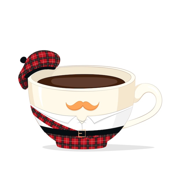 Vector taza vectorial de café o té en un traje nacional de escocia con bigote