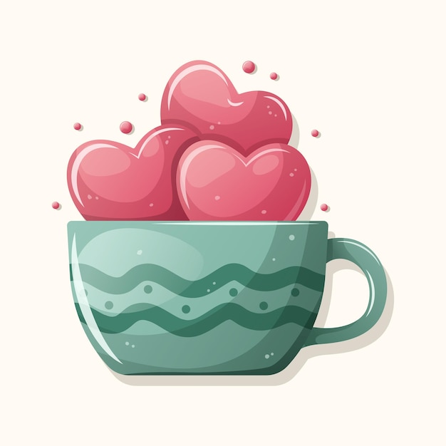 Taza verde con corazones rosados Linda ilustración vectorial para el día de San Valentín Degradado