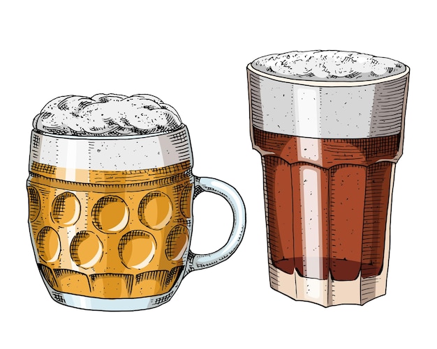 Vector taza de vidrio de cerveza o botella de oktoberfest grabada en tinta dibujada a mano en boceto antiguo y estilo vintage para invitación web a fiesta o elemento de diseño de menú de pub aislado en fondo blanco