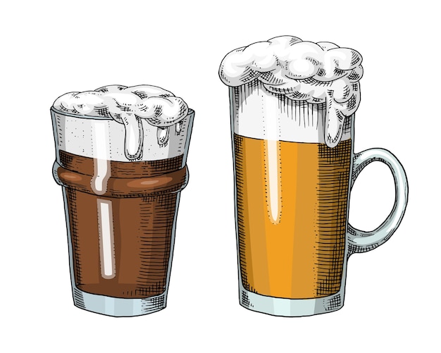 Taza de vidrio de cerveza o botella de oktoberfest grabada en tinta dibujada a mano en boceto antiguo y estilo vintage para invitación web a fiesta o elemento de diseño de menú de pub aislado en fondo blanco