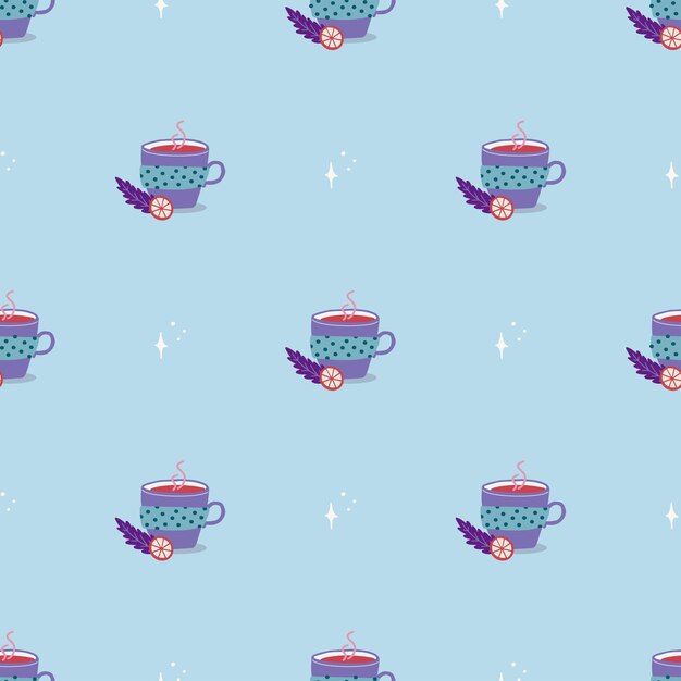 Taza de vino caliente patrón sin costuras concepto de Navidad y Año Nuevo Textura vectorial de lila dibujada a mano para impresiones de papel tapiz envoltura textil