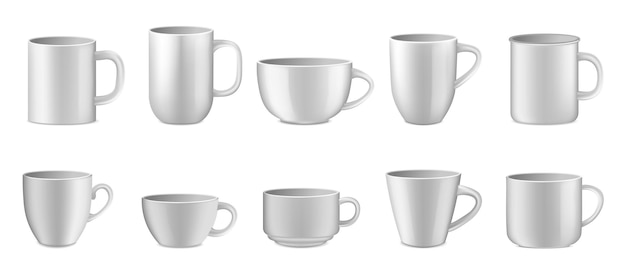 Vector las tazas de café se burlan de la plantilla de taza d de cerámica vector conjunto de tazas de té en blanco