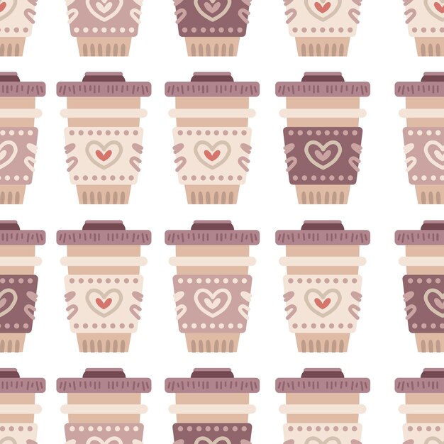 Tazas de café para ir de patrones sin fisuras. Fondo de dulces de cafetería o cafetería. Deliciosa bebida en taza. Ilustración de vector de diseño de menú para tienda de dulces, tienda de dulces, tienda de té