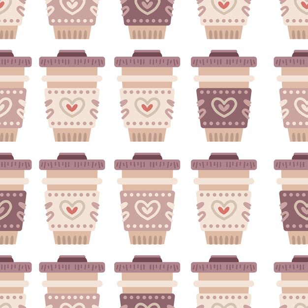 Tazas de café para ir de patrones sin fisuras. fondo de dulces de cafetería o cafetería. deliciosa bebida en taza. ilustración de vector de diseño de menú para tienda de dulces, tienda de dulces, tienda de té