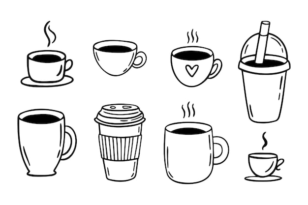 Tazas de café juego de garabateo taza de café señales de línea dibujadas a mano tazas de café contorno