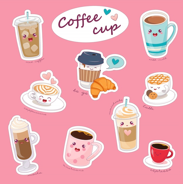 Vector tazas de café kawaii con diferentes bebidas calientes.