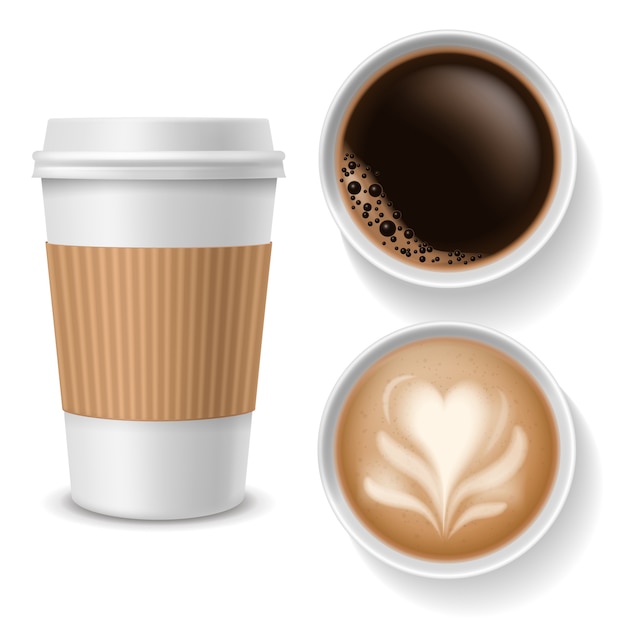 Vector tazas de café para llevar. vista superior de bebidas en papel blanco, taza de café marrón con capuchino americano espresso latte. vector realista