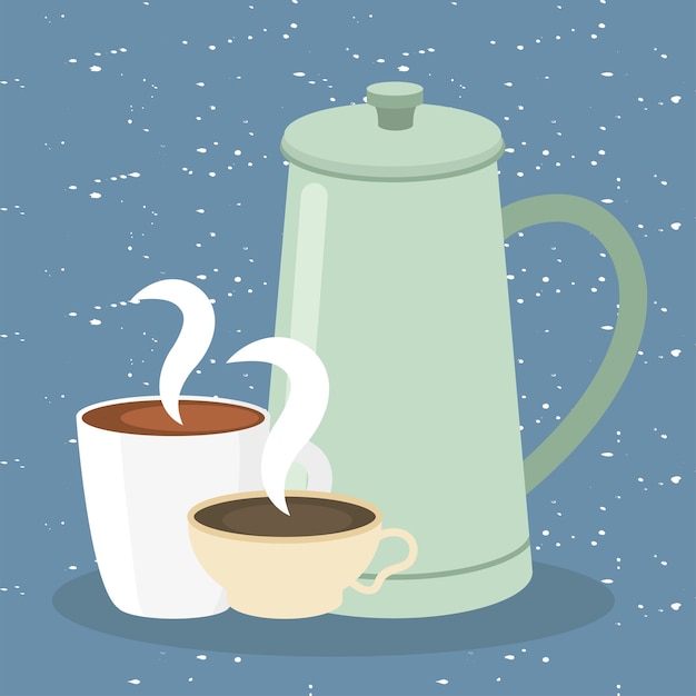 Tazas de café y olla en la ilustración azul