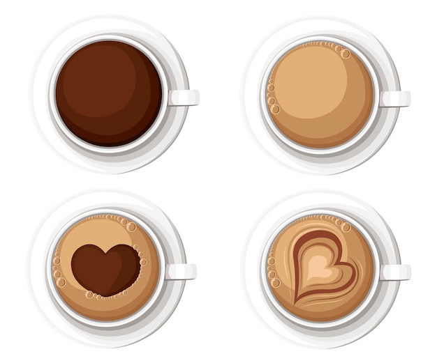 Tazas de café realistas con Americano Latte Espresso Macchiatto Mocha Cappuccino. Ilustración de la página del sitio web y el elemento de la aplicación móvil.