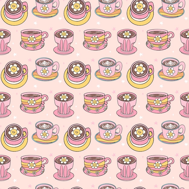 Las tazas de café retro de Groovy son bonitas con un patrón sin costuras aislado en el fondo.