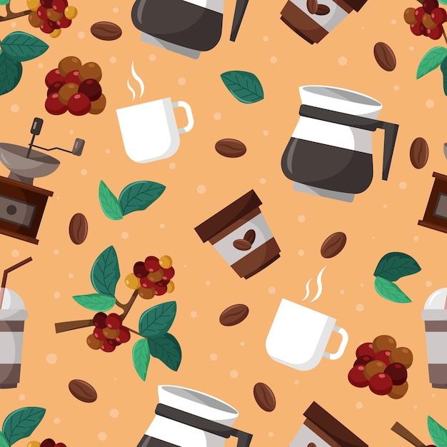 tazas de café y tazas de cafe en una mesa con un patrón de tazas de coffee y bayas