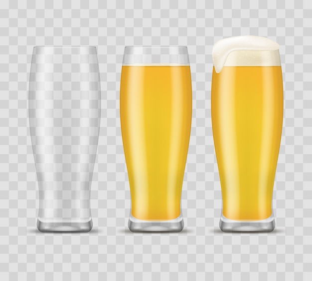 Vector las tazas de cerveza detalladas 3d realistas colocadas en un fondo transparente incluyen una ilustración vectorial vacía y completa