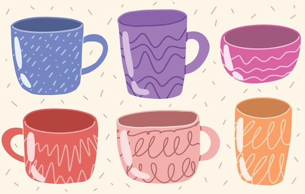 Vector tazas coloridas de dibujos animados taza de café y taza de cocina vintage