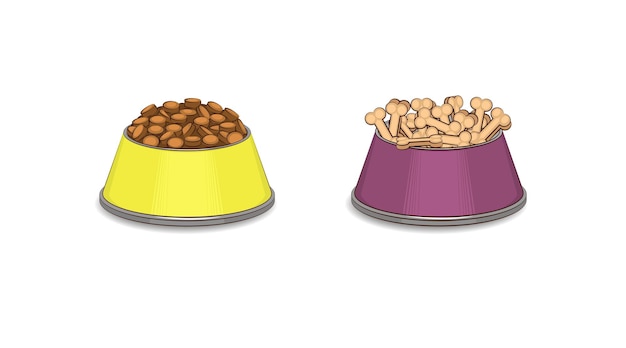 Tazas de comida seca y huesos para mascotas Imagen multicolor Primer plano Hay espacio libre para texto Ilustración vectorial