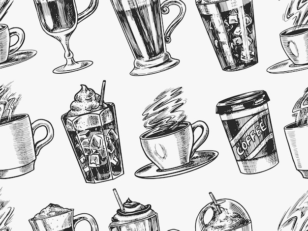 Vector tazas de fondo de café en estilo vintage patrón sin costuras para llevar cappuccino y glace espresso y latte mocha y americano frappe en un vaso dibujo retro grabado dibujado a mano