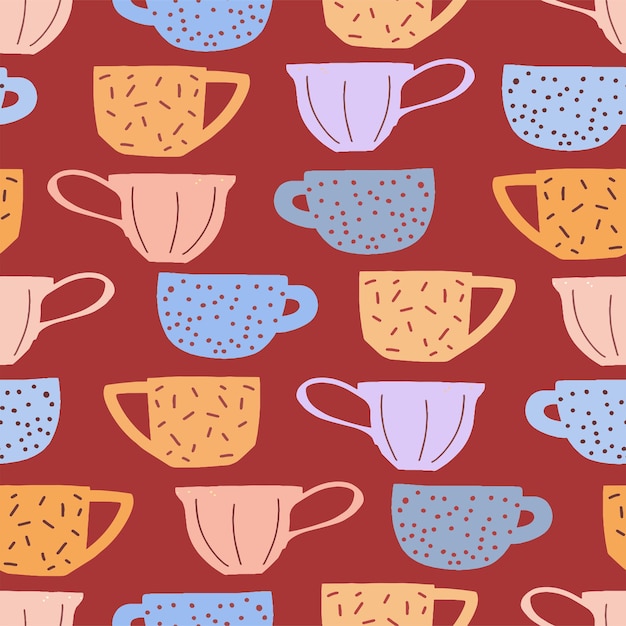 Tazas lindas, tazas planas dibujadas a mano vector de patrones sin fisuras. Fondo colorido en estilo abstracto, escandinavo. Diseño acogedor para la hora del té para papeles pintados, envoltura, textiles, telas, decoración.