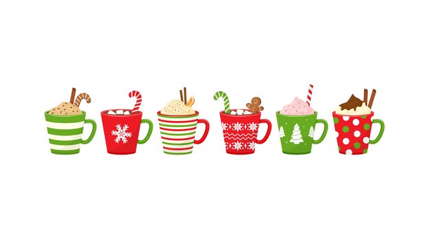Tazas de Navidad con bebidas Vector de chocolate caliente Icono de taza de vacaciones cacao o café y crema