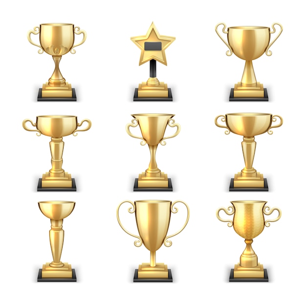 Las tazas de oro del trofeo que ganan y los premios de los deportes vector la colección aislada en el fondo blanco. Copa de oro logro, victoria y premio de ilustración deportiva.