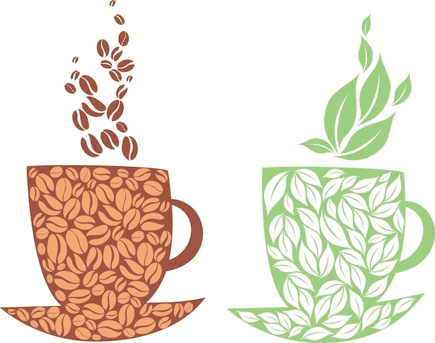 Tazas con té y café Granos y siluetas de hojas de té sobre la forma de la taza